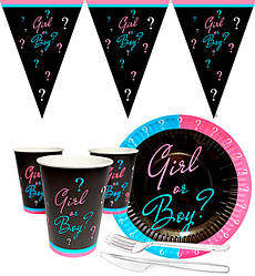 Набір паперового посуду "Boy or girl" (10 тарілок, 10 виделок, 10 ножів, 10 стаканчиків, 1 гірлянда)