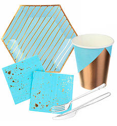 Набір паперового посуду "Blue with gold" (10 тарілок, 10 виделок, 10 ножів, 10 стаканчиків, 20 серветок)