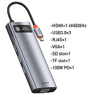 USB Type-C хаб Baseus Metal Gleam 9-in-1 100W 3USB3.0 HDMI Type-C RJ45 VGA TF SD Gray (CAHUB-CU0G)
