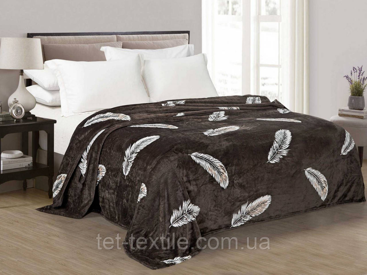 Плед з мікрофібри Велсофт Біле пір'я на коричневому фоні 200х220 см