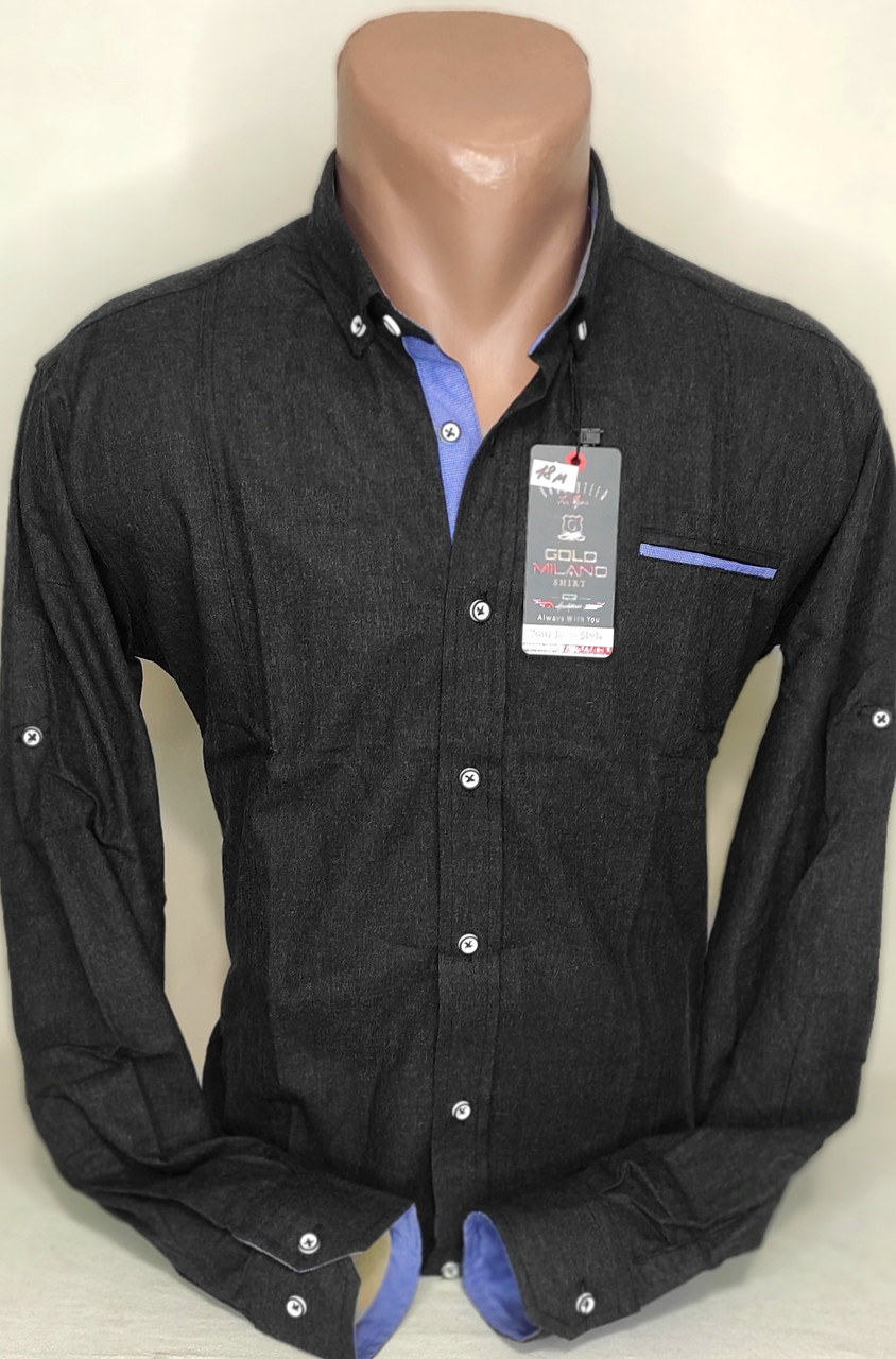 Чоловіча кашемірова сорочка чорна, приталена, однотонна Gold Milano vd-0018 тепла з довгим рукавом Туреччина M