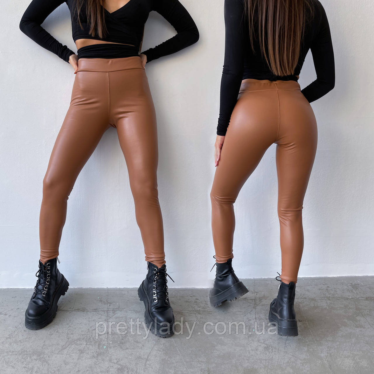 Жіночі лосини з екошкіри стрейчеві на легкому флісі коричневі, фото 1