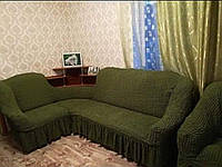 Натяжний чохол на кутовий диван і крісло Зелений