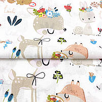 Польська бавовняна тканина "Оленята, лисички, зайчики з квіточками на білому", фото 3