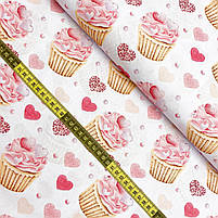 Польська бавовняна тканина "Кекси з рожевими серцями на білому", фото 2