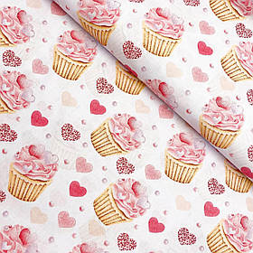 Польська бавовняна тканина "Кекси з рожевими серцями на білому"