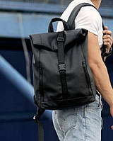 Чоловічий рюкзак роллтоп чорний рол міської, повсякденний, для ноутбука 15,6 матова еко-шкіра
