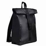 Рюкзак чоловічий роллтоп рол повсякденний, офісний, для ноутбука з матовою екошкіра чорний, фото 2