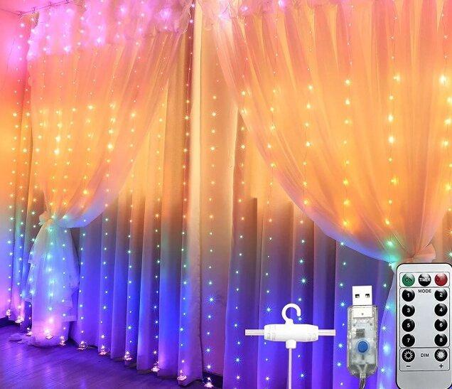 Гірлянда LTL штора крапля роси Веселка 300 led 3х3 метри від USB зарядки або Павербанка з пультом + таймер