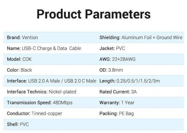 Кабель USB Type-C Vention PVC nickel-plated 3A 480Mbps 2m Black (COKBH), фото 3