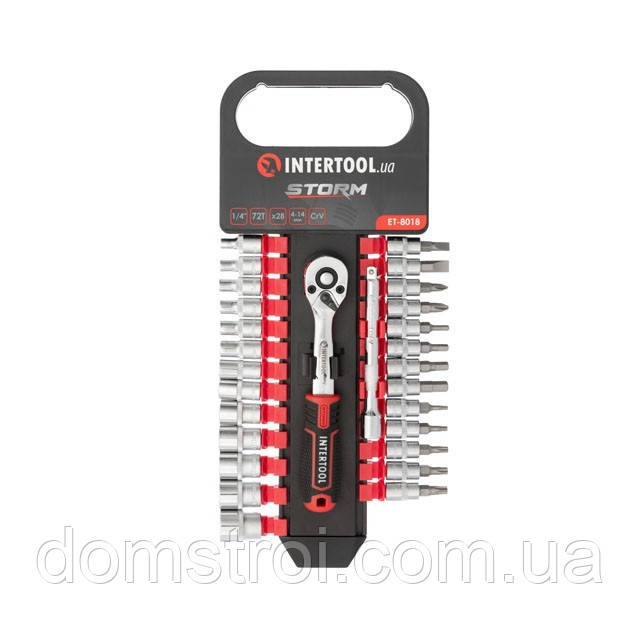 Набір головок 1/4" 4-14 мм, TORX, PH, HEX, SL, подовжувач, рукоятка з храповим механізмом 72 зуба, 28 од.,