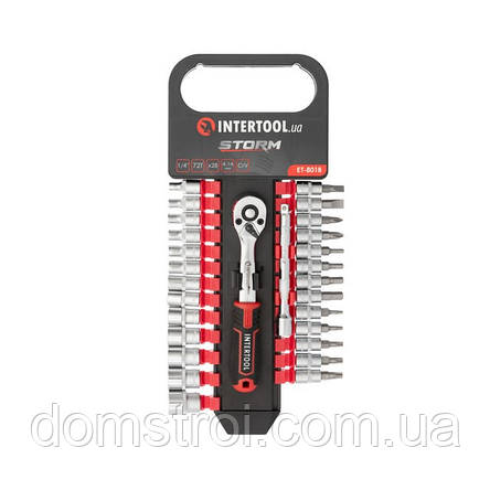 Набір головок 1/4" 4-14 мм, TORX, PH, HEX, SL, подовжувач, рукоятка з храповим механізмом 72 зуба, 28 од.,, фото 1