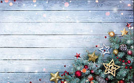 Фото-фон новорічний 120×75 см "Блакитна дошка, гілки ялини, зірок", фон для предметної зйомки ПВХ (банерна тканина)