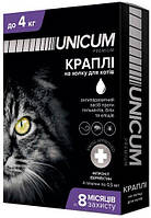 Капли Unicum Premium + от блох, клещей и гельминтов на холку для кошек 0-4 кг (1шт.)