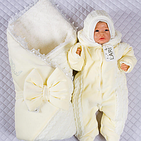 Зимний комплект на выписку для новорожденного Дуэт: конверт, комбинезон и шапочка на махре