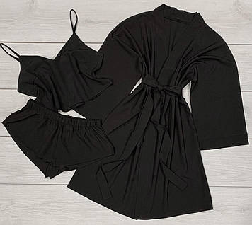 Чорний бавовняний комплект-трійка халат майка шорти, піжама жіноча
