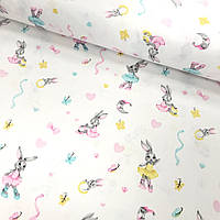 Хлопковая ткань Польская, нарисованные зайчики с бабочками, бантиками, сердечками желто-розовые на белом(0408)