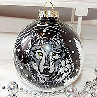 Стеклянный новогодний шар 85 мм "Волк зимой"