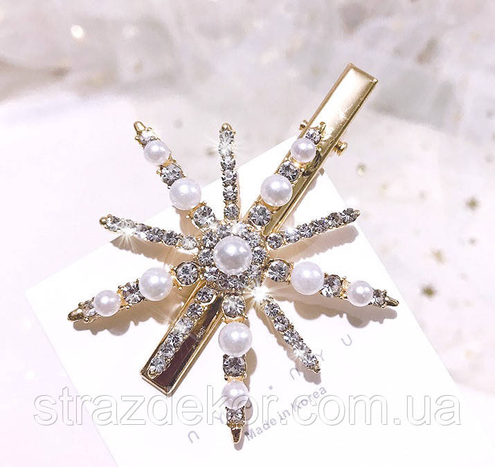 Заколка Зажим для Волос Звездочка-снежинка 6,3*4,7см (цвет Золото Или ...