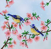 Набор для вышивки бисером " Синицы " Цвет яблони, лето, сад, цветы, небо, деревья частичная выкладка, 30х28 см