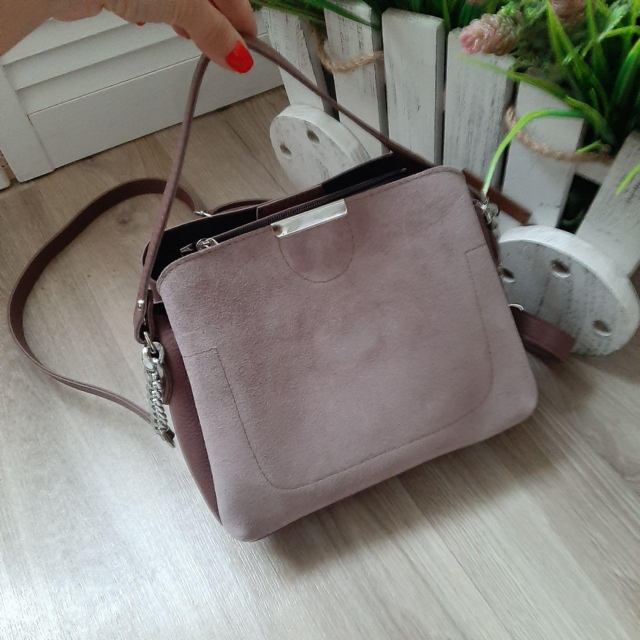 Невелика замшева жіноча сумочка через плече сумка темна пудра натуральна замша+кожзам