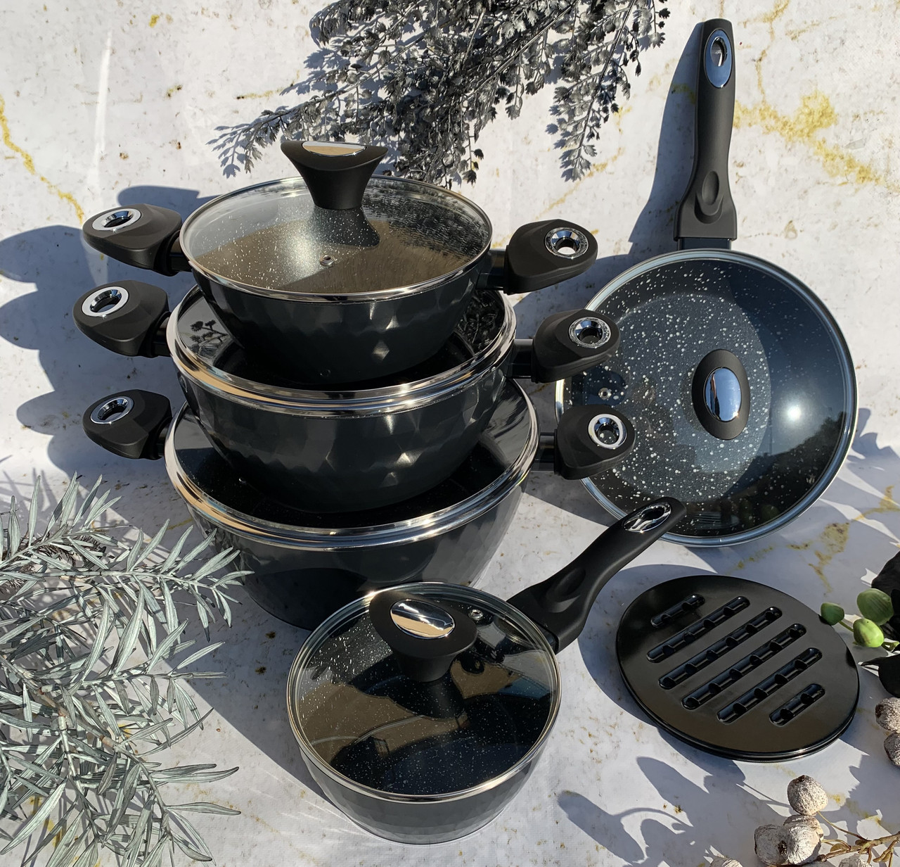 Набір посуду з мармуровим покриттям Edenberg EB-5636 15 предметів Набір каструль казанів для індукційних плит, фото 1