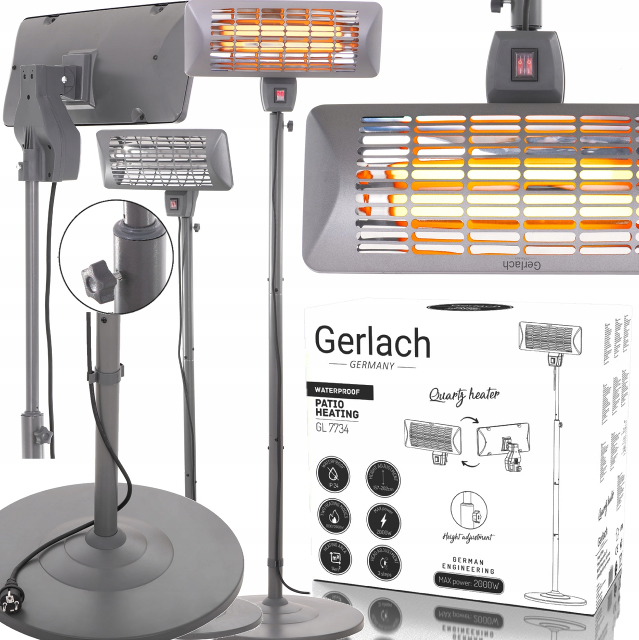 Кварцовий, галогеновий обігрівач на ніжці, підставці Gerlach GL 7734 (2м, 2000Вт, Польща), фото 1