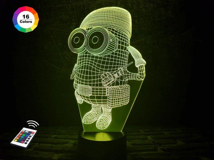 3D нічник "Міньйон військовий" (ВОЛІЧЕННЕ ЗОБРАЖЕННЯ) + пульт ДК + мережевий адаптер +батарейки (3ААА)  3DTOYSLAMP, фото 1