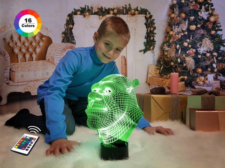 3D нічник "Шрек" (ВОЛІЧНЕ ЗОБРАЖЕННЯ) + пульт ДК + мережевий адаптер + батарейки (3ААА)  3DTOYSLAMP, фото 1