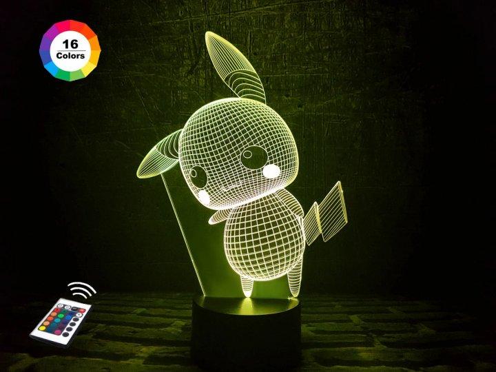 3D нічник "Пікачу" (ВОЛІЧНЕ ЗОБРАЖЕННЯ) + пульт ДК + мережевий адаптер + батарейки (3ААА)  3DTOYSLAMP, фото 1