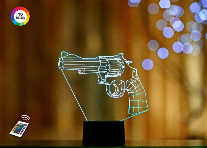 3D нічник "Револьвер" (ВОЛІЧЕННЕ ЗОБРАЖЕННЯ) + пульт ДК + мережевий адаптер +батарейки (3ААА)  3DTOYSLAMP, фото 1