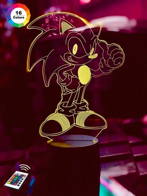 3D нічник "Сонік" (ВОЛІЧНЕ ЗОБРАЖЕННЯ) + пульт ДК + мережевий адаптер + батарейки (3ААА)  3DTOYSLAMP, фото 1