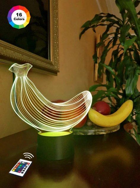 3D нічник "Банан" (ВОЛІЧНЕ ЗОБРАЖЕННЯ) + пульт ДК + мережевий адаптер + батарейки (3ААА)  3DTOYSLAMP, фото 1