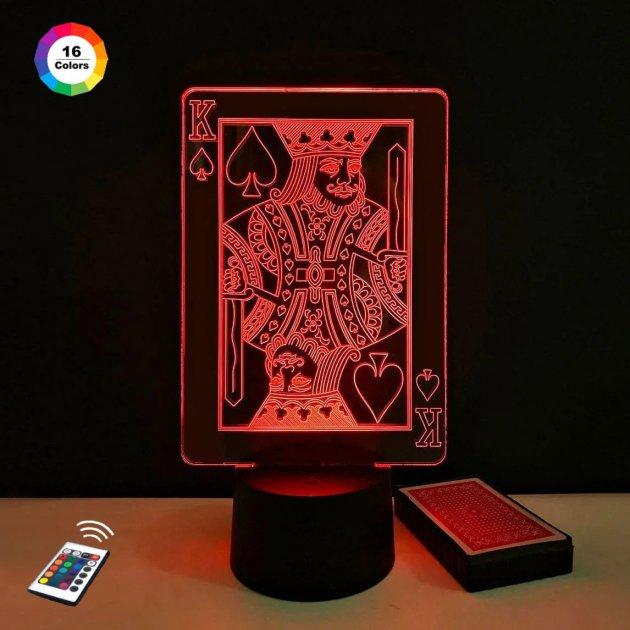 3D нічник "Пиковий король" (ВОЛІЧНЕ ЗОБРАЖЕННЯ) + пульт ДК + мережевий адаптер +батарейки (3ААА)  3DTOYSLAMP, фото 1