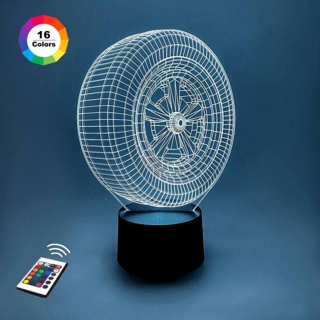 3D нічник "Колесо" (ВОЛІЧНЕ ЗОБРАЖЕННЯ) + пульт ДК + мережевий адаптер + батарейки (3ААА)  3DTOYSLAMP, фото 1