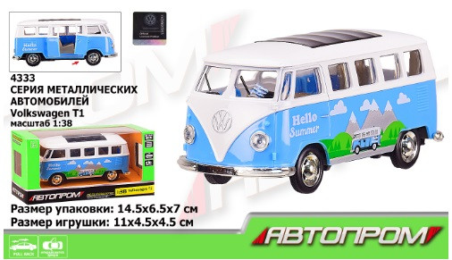KM4333M Автобус метал Volkswagen T1 АВТОПРАМ, 1:38, синій колір, відчиняються двері