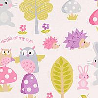 Детские бумажные обои 935551, сиреневые розовые и фиолетовые, лесные звери из мульфильмов, ежики совы и зайцы