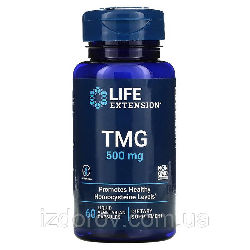 Триметилгліцин ТМГ 500 мг Life Extension TMG для зниження гомоцистеїну 60 вегетаріанських капсул з рідиною