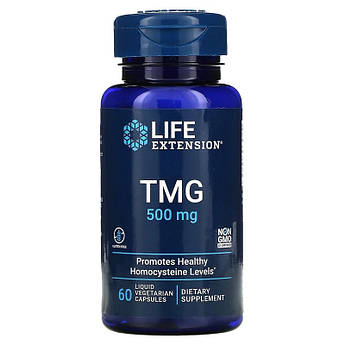 Триметилгліцин ТМГ 500 мг Life Extension TMG для зниження гомоцистеїну 60 вегетаріанських капсул з рідиною