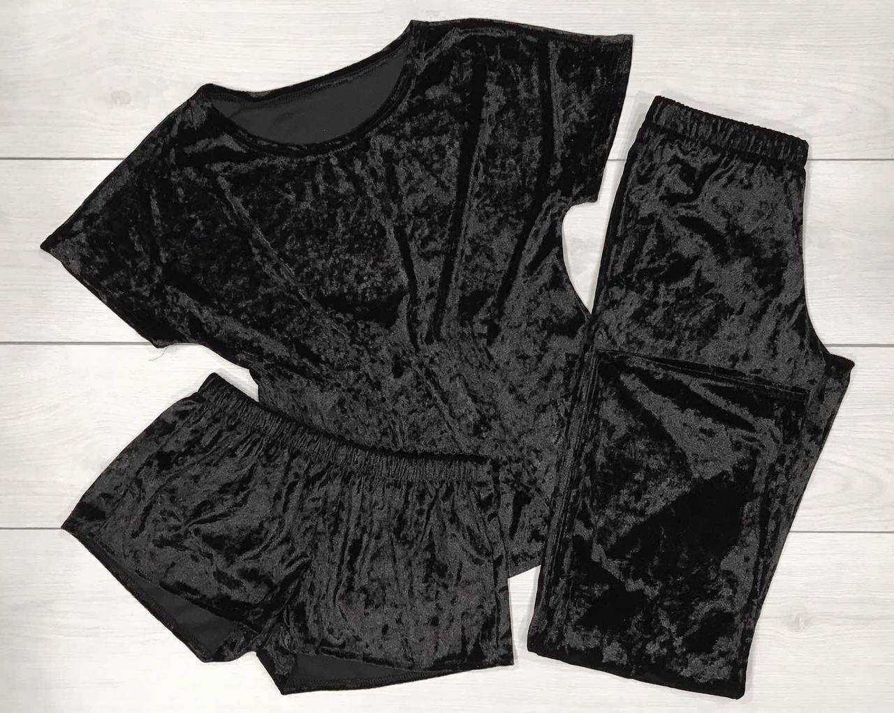 Піжама-трійка чорна з мармурового велюру Футболка шорти та штани