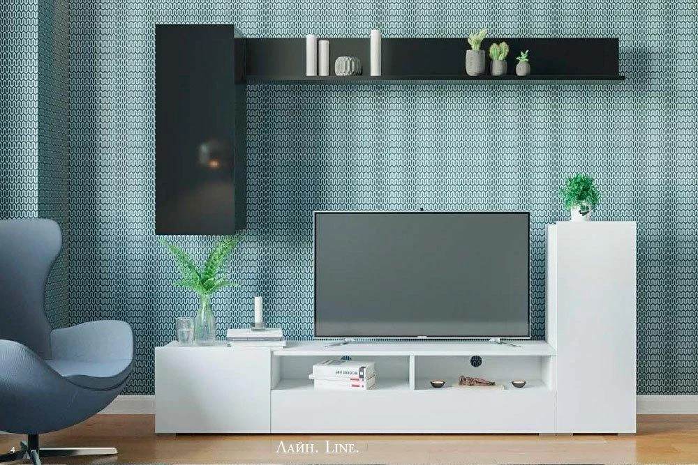 Маленька стильна чорно біла вузька міні стінка 2 метри у вітальню зал під телевізор Лайн Світ Меблів