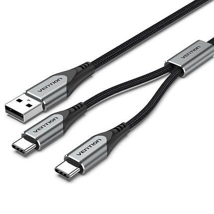 Кабель 2 в 1 USB-Type-C Vention Nylon 2.4А 480Mbps nickel-plated 0.5m Grey (CQOHD), фото 1