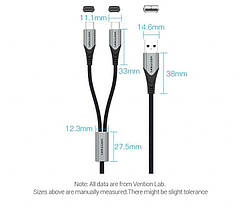 Кабель 2 в 1 USB-Type-C Vention Nylon 2.4А 480Mbps nickel-plated 0.5m Grey (CQOHD), фото 3