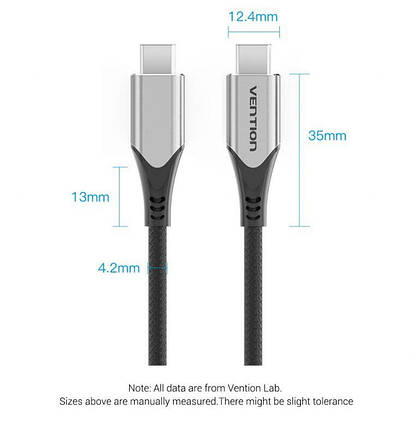 Кабель Type-C-Type-C 3.1 Vention TPE Nylon Thunderbolt 3 4K 60Hz PD 60W 3A 5Gbps nickel-plated 1.5m Grey, фото 3
