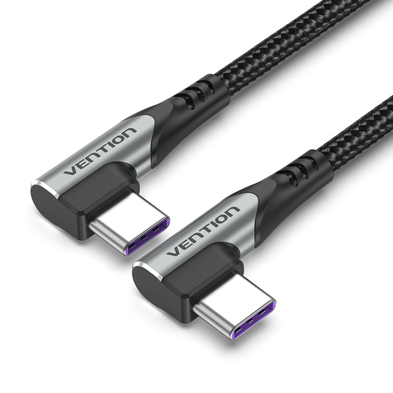 Кабель Type-C-Type-C Vention TPE Nylon Double 90° Degree PD 100W 5A 480Mbps nickel-plated 0.5m Grey (TANHD)