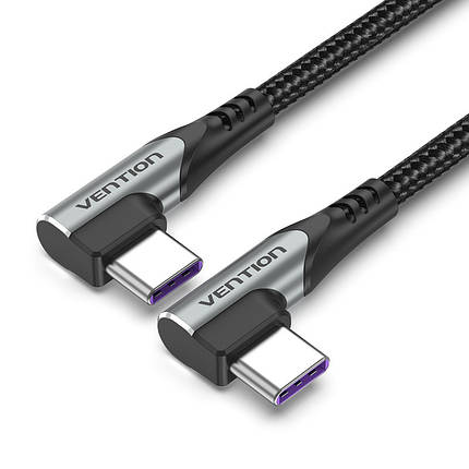 Кабель Type-C-Type-C Vention TPE Nylon Double 90° Degree PD 100W 5A 480Mbps nickel-plated 0.5m Grey (TANHD), фото 1
