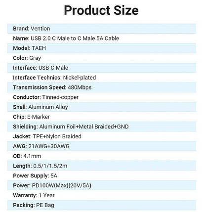 Кабель Type-C-Type-C Vention TPE Nylon PD 100W 5A 480Mbps nickel-plated 2m Grey (TAEHH), фото 2