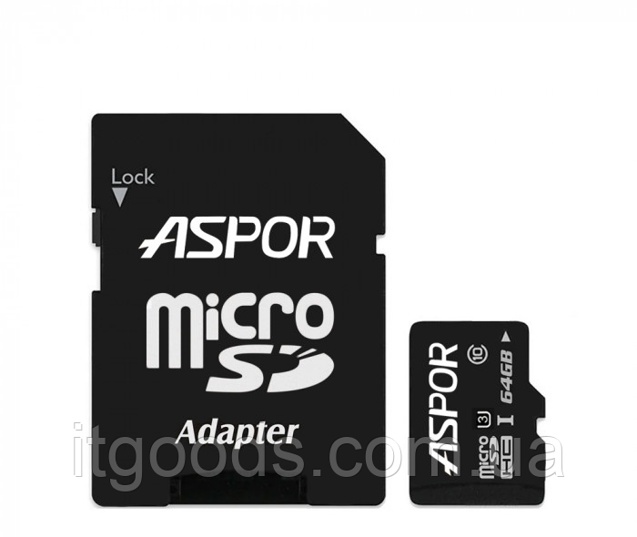 Карта пам'яті Aspor MicroSDHC 64GB UHS-I (Class 10) + SD adapter