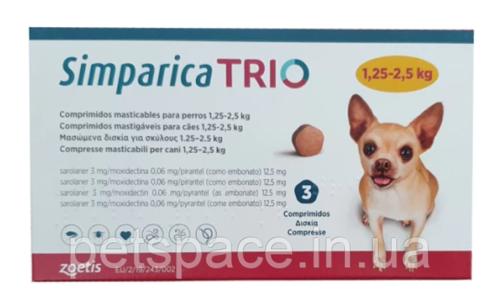 Таблетки Simparica Trio (Сімпаріка Тріо від бліх, кліщів та глистів для собак вагою 1,3-2,5кг) 1шт.