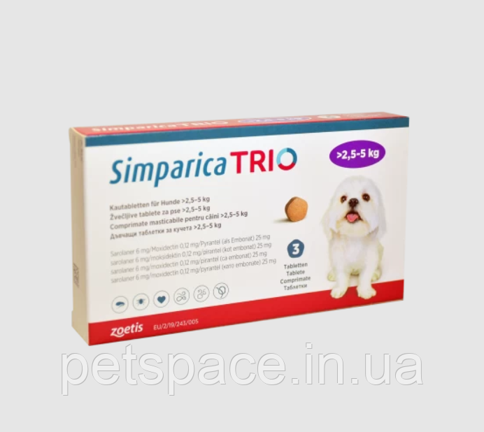 Таблетки Simparica Trio (Сімпаріка Тріо від бліх, кліщів та глистів для собак вагою 2,6-5кг) 1шт.